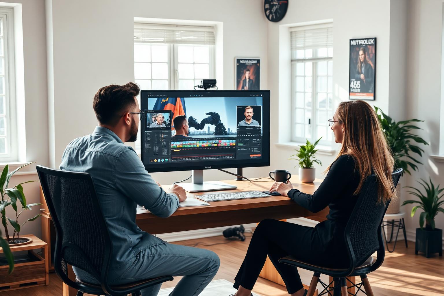 Zwei Kreative am Schreibtisch vor einem Filmschnitt-Monitor